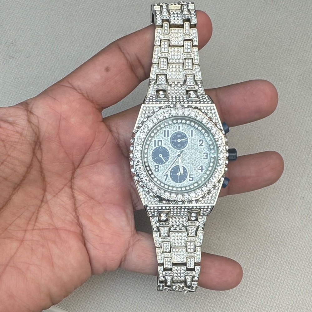 Men’s Iced Out Silver Tone with Blue Accents Watch